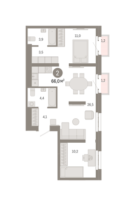 66 м², 2-комн. квартира, 7/31 этаж