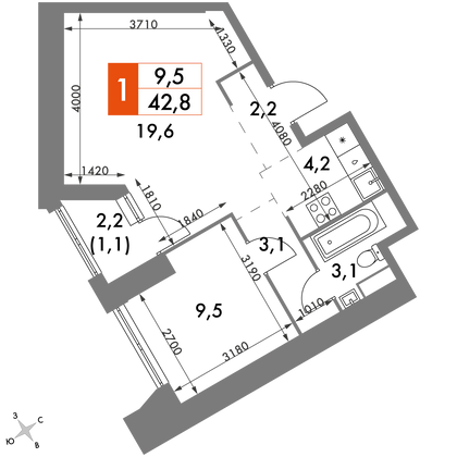 42,8 м², 2-комн. квартира, 26/47 этаж