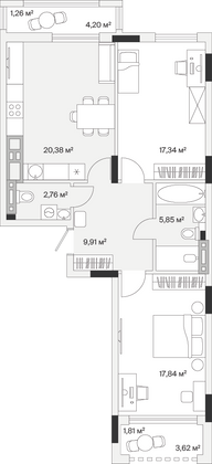 77,2 м², 2-комн. квартира, 5/7 этаж