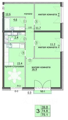 Продажа 3-комнатной квартиры 75,1 м², 4/18 этаж