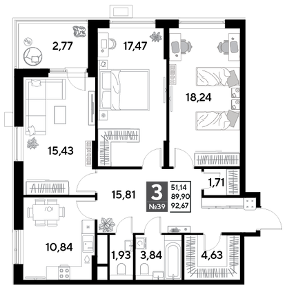 Продажа 3-комнатной квартиры 92,7 м², 5/25 этаж