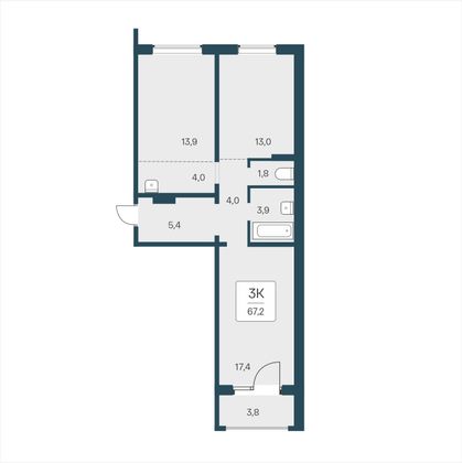 67,2 м², 3-комн. квартира, 1/18 этаж