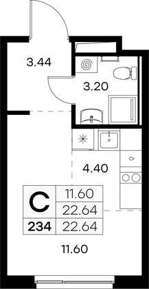 22,6 м², студия, 8/9 этаж