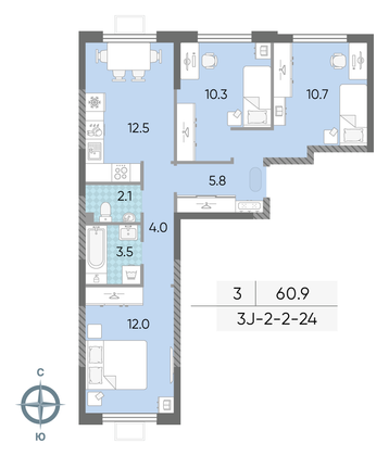 Продажа 3-комнатной квартиры 60,9 м², 22/24 этаж