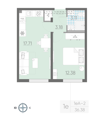 Продажа 1-комнатной квартиры 36,4 м², 20/25 этаж