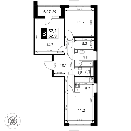 62,9 м², 3-комн. квартира, 9/16 этаж