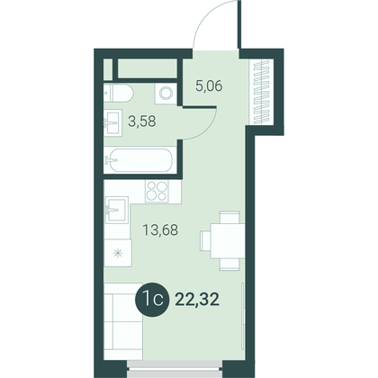 Продажа квартиры-студии 22,3 м², 2/10 этаж