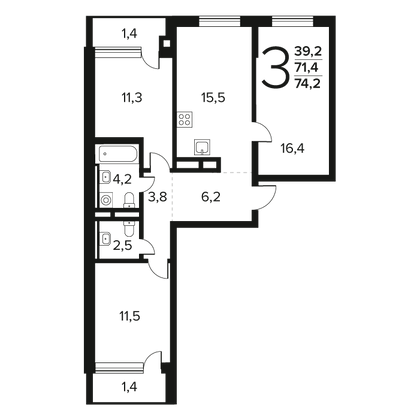 74,2 м², 3-комн. квартира, 10/11 этаж