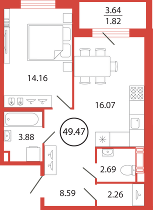 Продажа 1-комнатной квартиры 49,5 м², 4/12 этаж