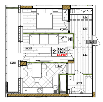 Продажа 2-комнатной квартиры 57 м², 2/17 этаж