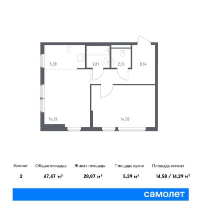 47,5 м², 1-комн. квартира, 11/14 этаж