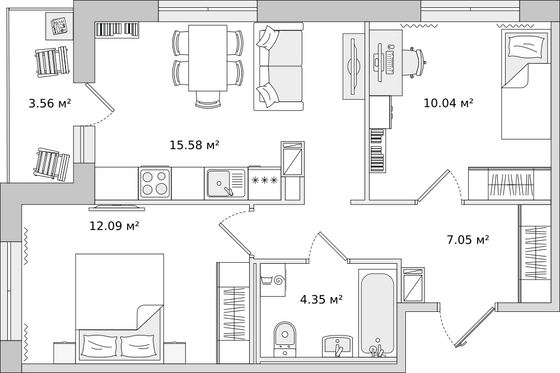 52,7 м², 2-комн. квартира, 3/16 этаж