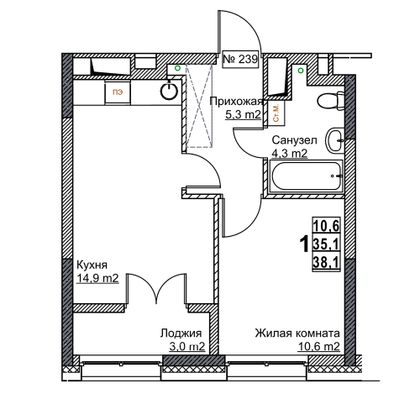 Продажа 1-комнатной квартиры 38,1 м², 13/24 этаж