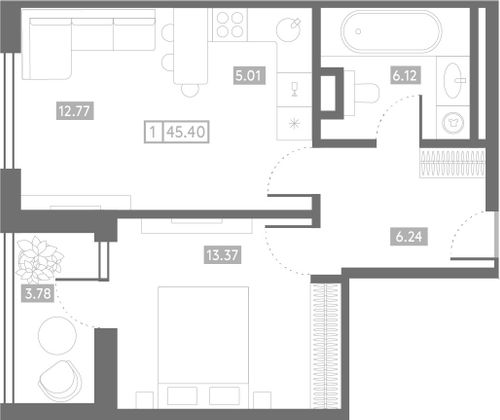 45,4 м², 1-комн. квартира, 4/24 этаж