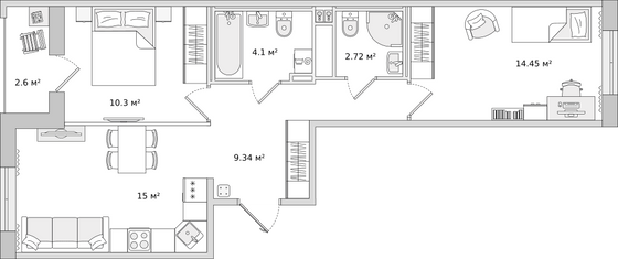 58,5 м², 2-комн. квартира, 6/23 этаж