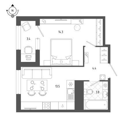 37,8 м², 1-комн. квартира, 12/18 этаж