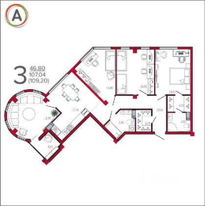 Продажа 3-комнатной квартиры 110 м², 9/19 этаж