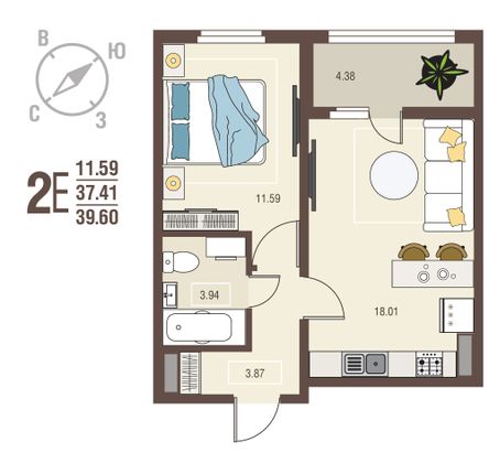 39,6 м², 1-комн. квартира, 2/10 этаж