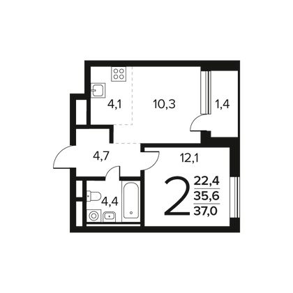 37 м², 2-комн. квартира, 2/9 этаж