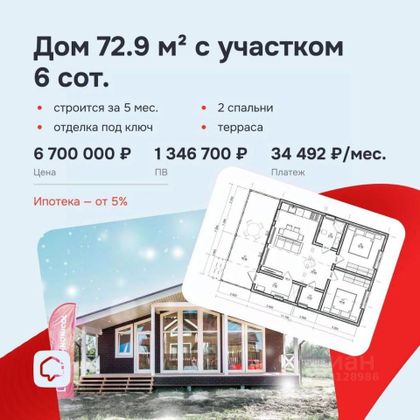 Продажа дома, 73 м², с участком 6 соток