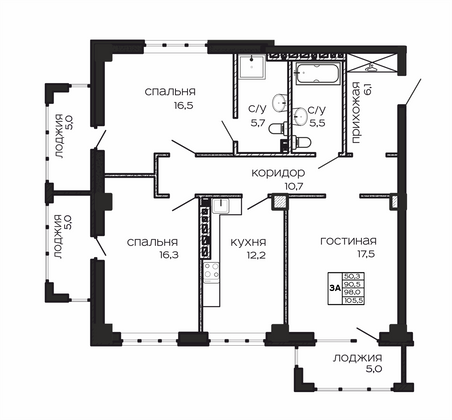 105,5 м², 3-комн. квартира, 3/17 этаж