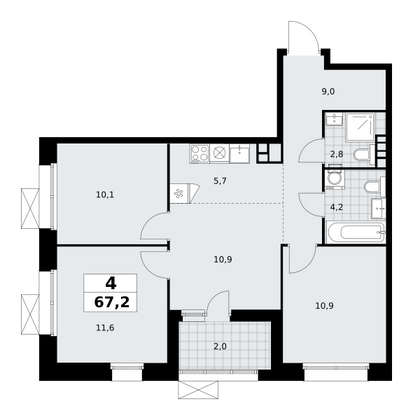 67,2 м², 4-комн. квартира, 7/21 этаж