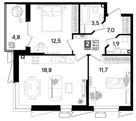 Продажа 2-комнатной квартиры 60,2 м², 2/9 этаж