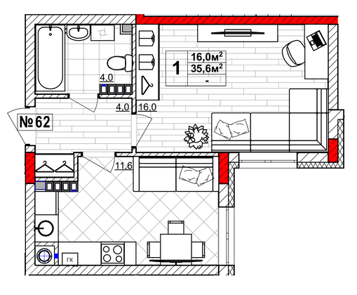 Продажа 1-комнатной квартиры 35,6 м², 4/4 этаж