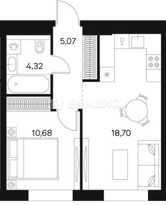 Продажа 1-комнатной квартиры 39 м², 7/20 этаж
