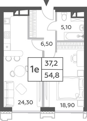 54,8 м², 2-комн. квартира, 26/52 этаж