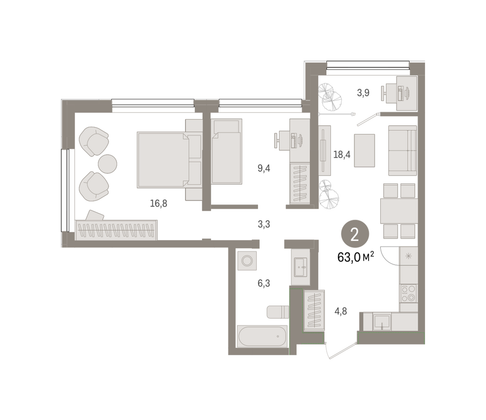 Продажа 2-комнатной квартиры 63 м², 3/8 этаж