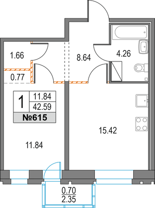 42,6 м², 1-комн. квартира, 3/25 этаж