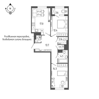 68,7 м², 2-комн. квартира, 5/18 этаж