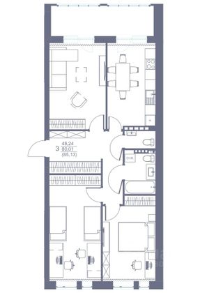 Продажа 3-комнатной квартиры 85,1 м², 2/3 этаж