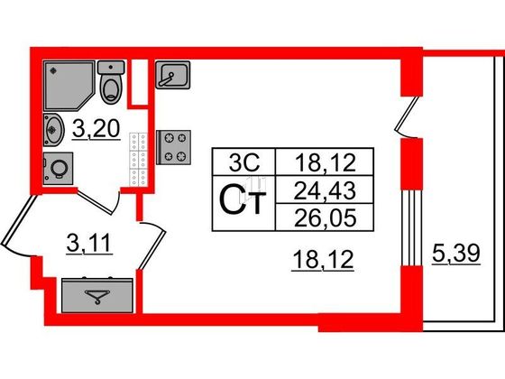 Продажа квартиры-студии 24,4 м², 4/5 этаж