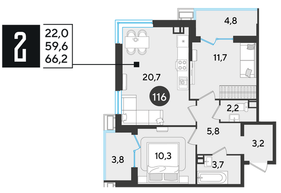 Продажа 2-комнатной квартиры 66,2 м², 6/18 этаж