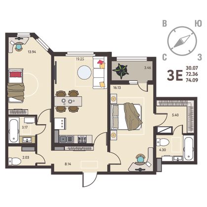 74,1 м², 2-комн. квартира, 3/18 этаж
