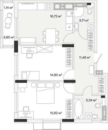 69 м², 2-комн. квартира, 2/7 этаж