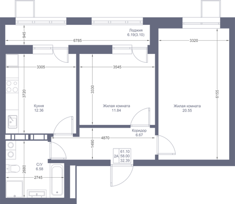 Продажа 2-комнатной квартиры 61,1 м², 5/17 этаж