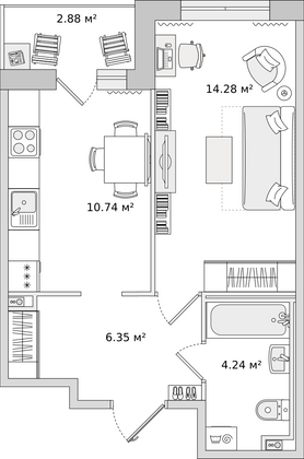 38,5 м², 1-комн. квартира, 3/16 этаж