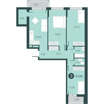 97,7 м², 3-комн. квартира, 3/23 этаж