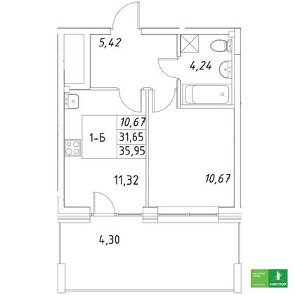 36 м², 1-комн. квартира, 1/8 этаж