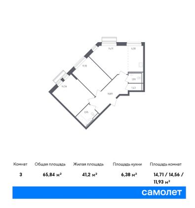 65,8 м², 3-комн. квартира, 2/8 этаж