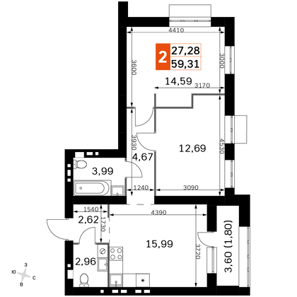 59,3 м², 2-комн. квартира, 2/4 этаж