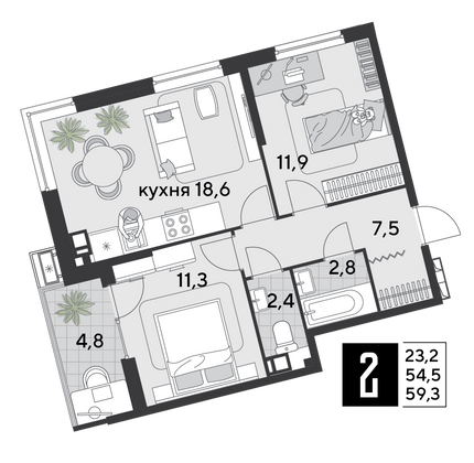Продажа 2-комнатной квартиры 59,3 м², 5/18 этаж