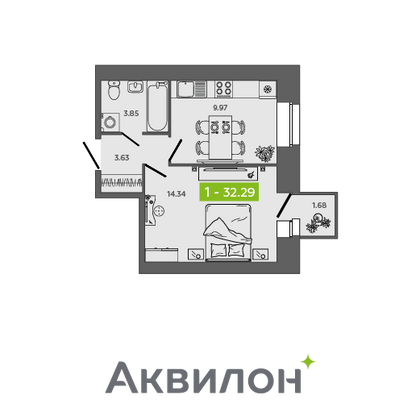 32,3 м², 1-комн. квартира, 3/9 этаж