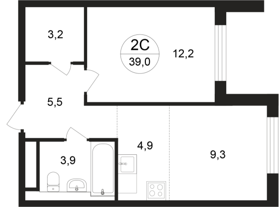 39 м², 2-комн. квартира, 4/9 этаж