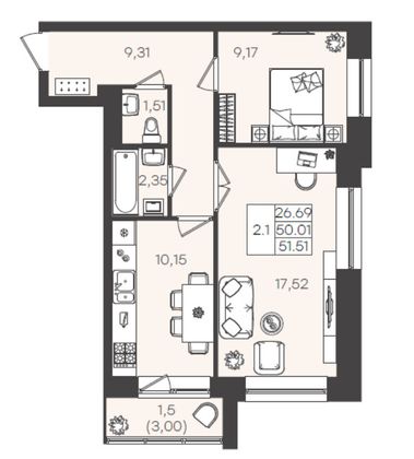 51,5 м², 2-комн. квартира, 4/5 этаж