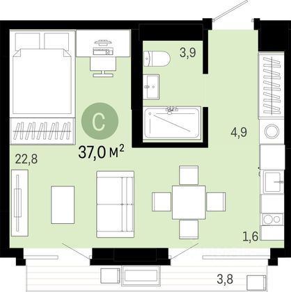 Продажа квартиры-студии 37 м², 2/10 этаж