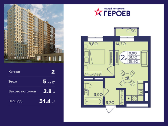 31,4 м², 2-комн. квартира, 5/17 этаж